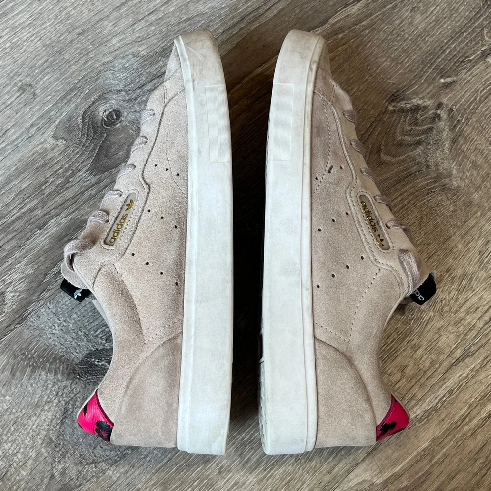 Adidas Sleek W Tan Suede Neon Pink Leopard Heel Platform Sneakers EE4729 Women 9